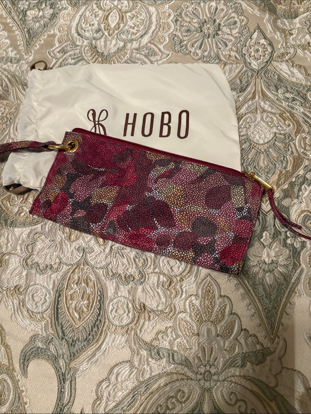 HOBO Burgundy Floral Leather Wristlet